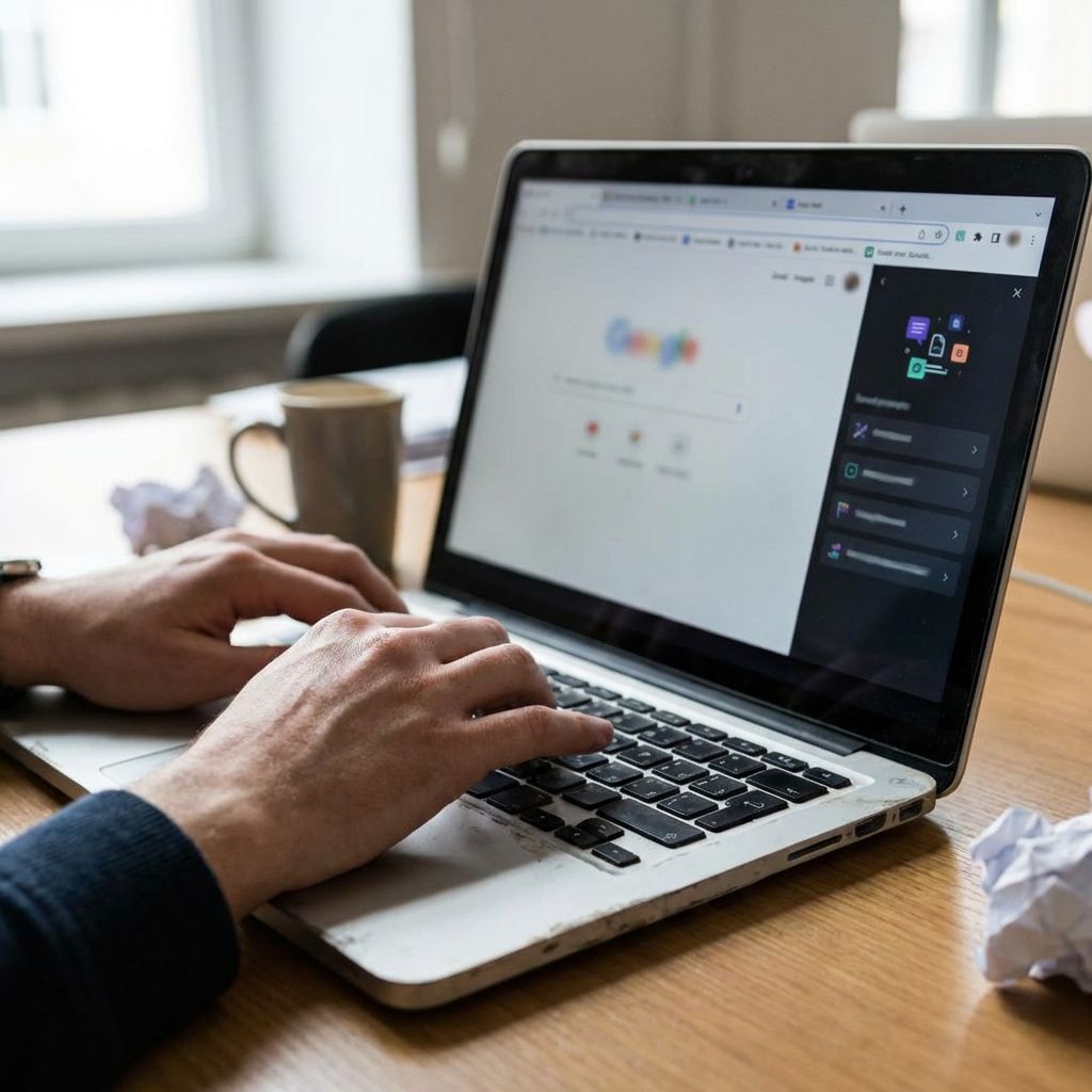 Nærbillede af en bærbar computer med browser og AI-panel under arbejde