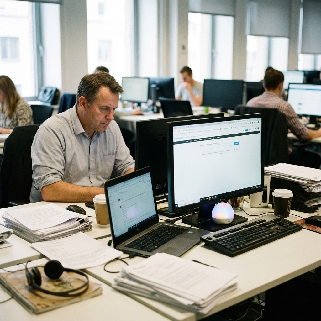 Kontormedarbejder arbejder med browserbaseret AI på skærm og laptop