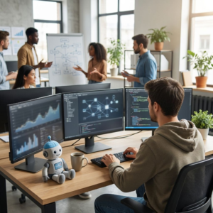 Udviklere arbejder med web-infrastruktur og browserautomatisering i et moderne kontormiljø