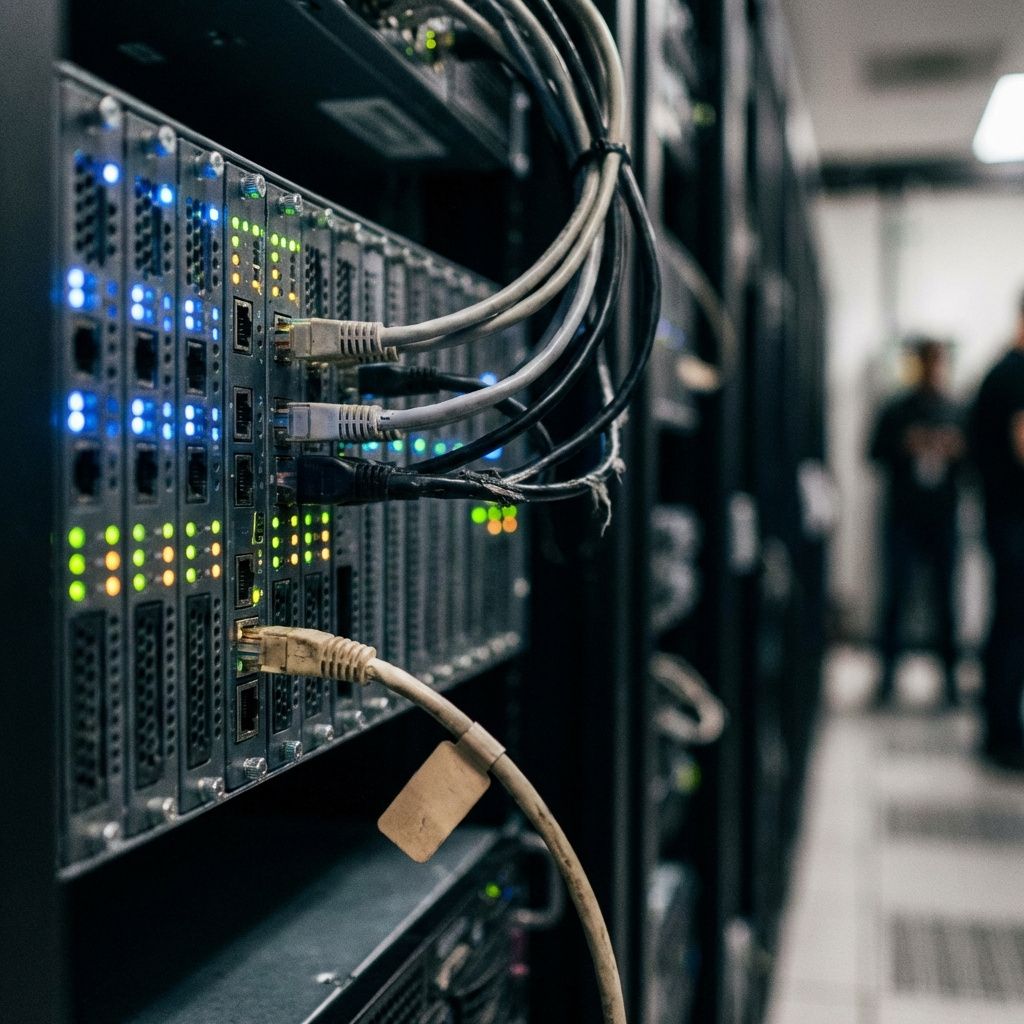 Server- og netværksudstyr der symboliserer web-infrastruktur til AI-agenter