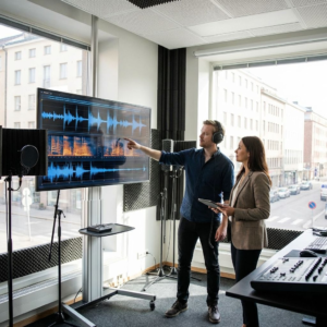 Lydtekniker og produktchef i et moderne studie arbejder med AI-genereret tale og stemmestyring.