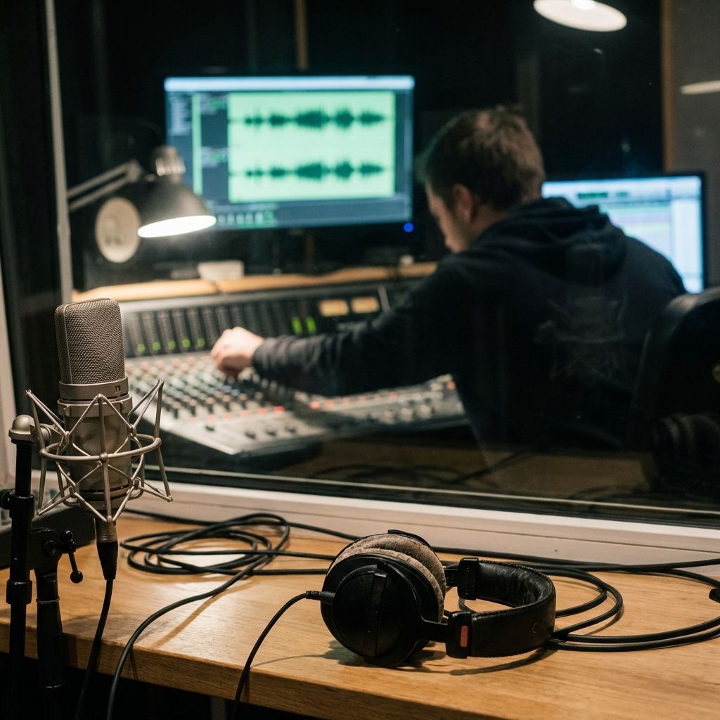 Mikrofon og lydudstyr i studie, hvor AI-tale bliver finjusteret.