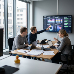Tre medarbejdere i et moderne kontor diskuterer udvikling og drift af en sprogmodel omkring et bord med laptops.