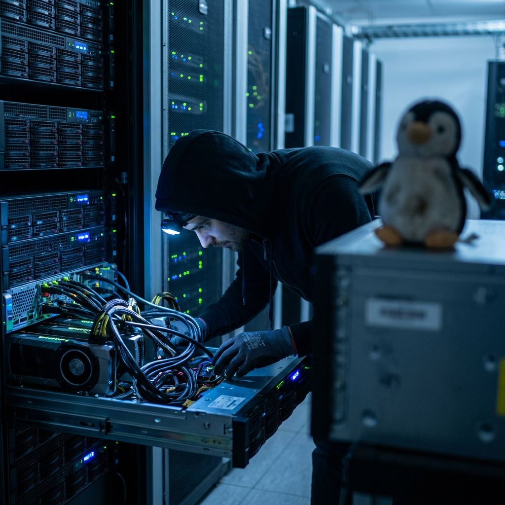 En AI-ingeniør arbejder foran GPU-servere i et serverrum.