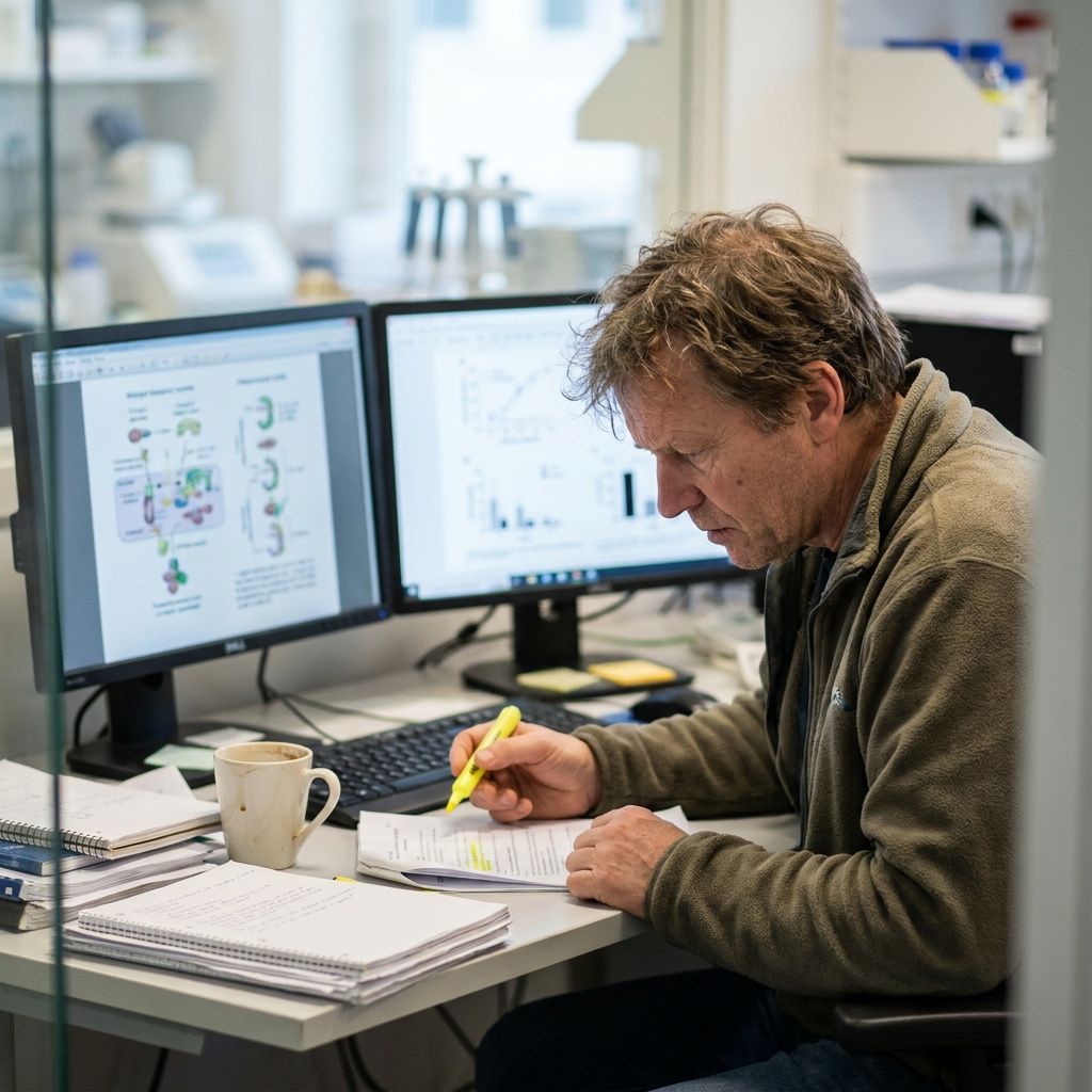 Forsker gennemgår litteratur og biologiske data på flere skærme.