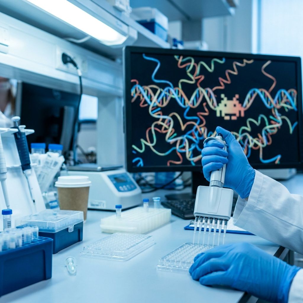 Nærbillede fra genomik-laboratorium med pipette, prøver og data på skærm.