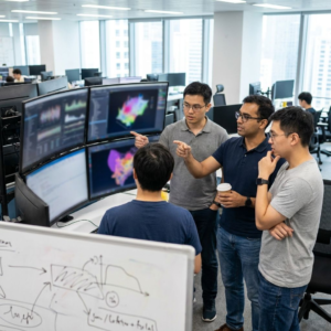 Et realistisk pressefoto af et AI-team i et moderne laboratoriemiljø, der arbejder sammen foran skærme med kode og visuelle model-output.