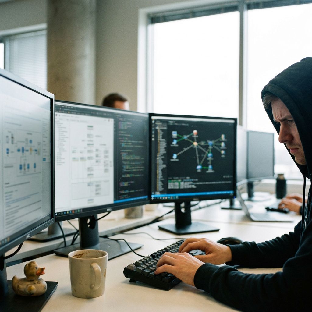 En udvikler arbejder koncentreret ved flere skærme med kode og tekniske visualiseringer.