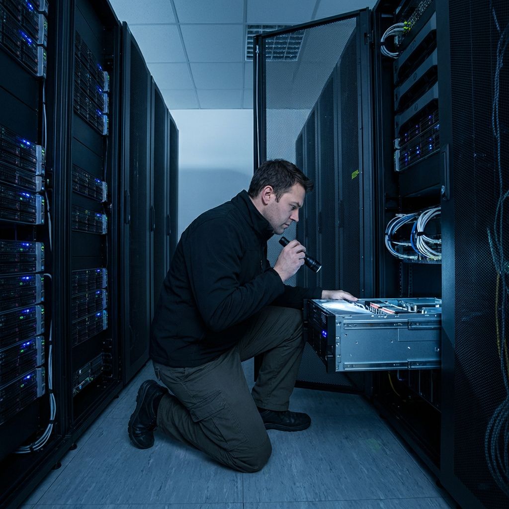 En tekniker står i et serverrum med rackskabe og udstyr, som illustrerer drift og inferens i praksis.