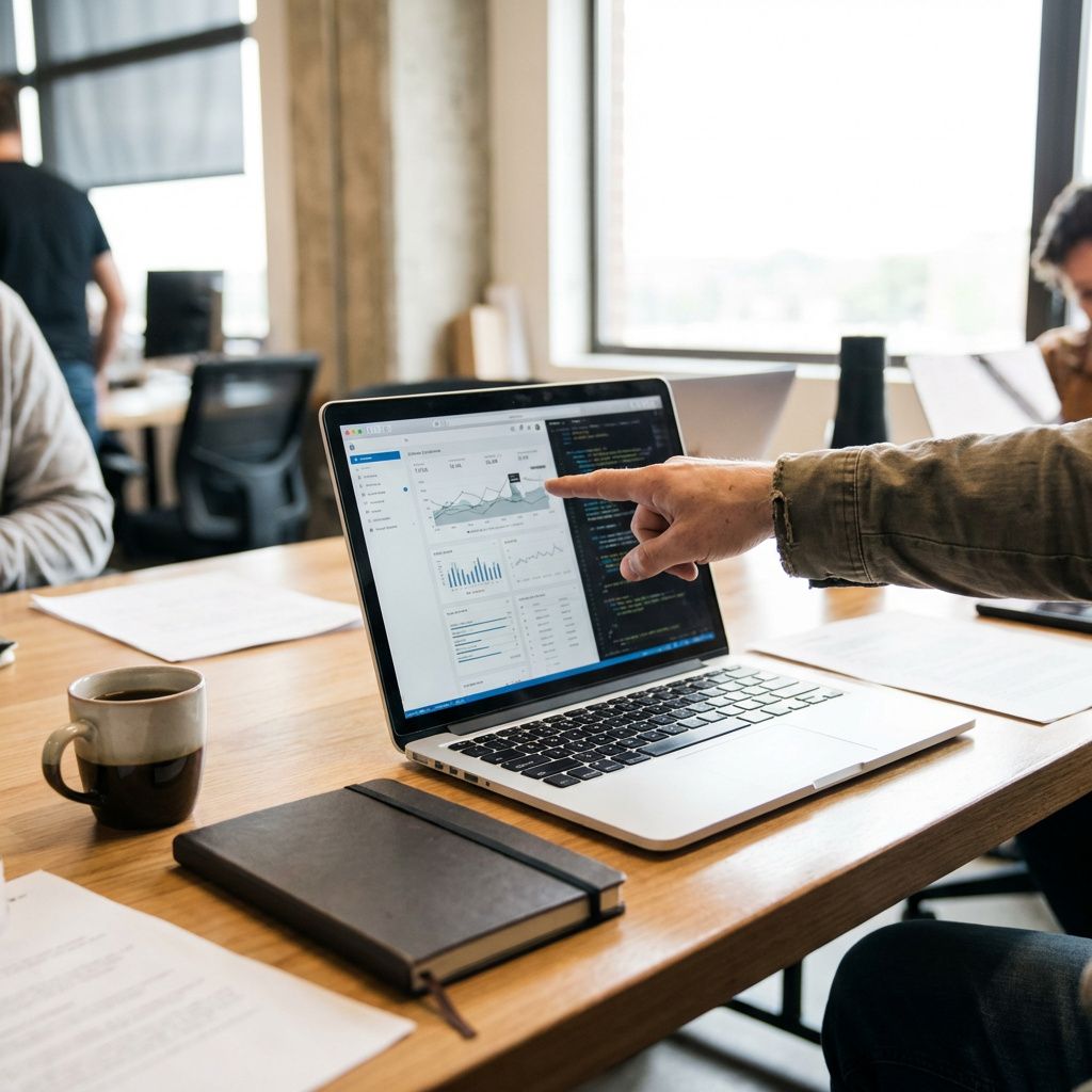 En laptop med benchmark-lignende visualiseringer på et mødebord, omgivet af notesbog og kaffe.