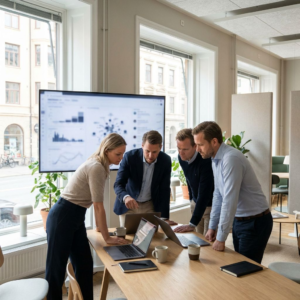 Et team i et moderne kontor vurderer en ny AI-model på en stor skærm under en produktlancering.