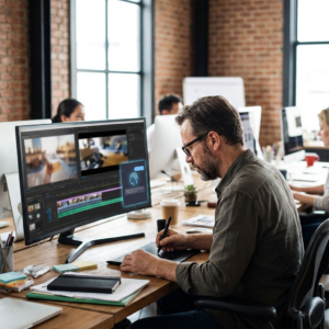 Kreativ medarbejder arbejder ved en stor skærm med flere typer medieprojekter og en AI-assistent i et moderne studie.
