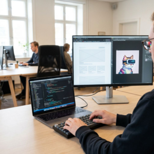 Udvikler ved computer med flere apps åbne samtidig i et realistisk kontormiljø