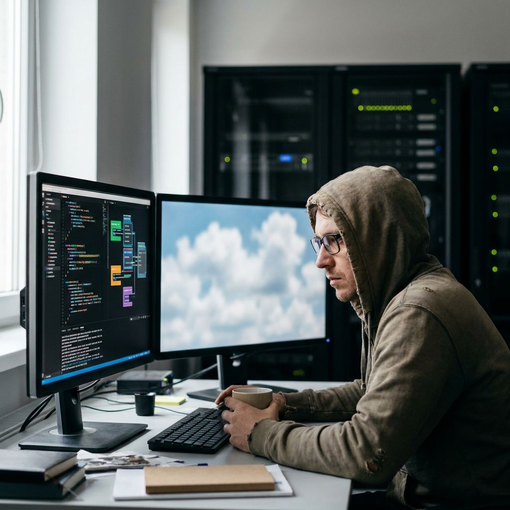 En cloud-ingeniør tester en AI-model i et udviklingsmiljø med skærme og serverudstyr.