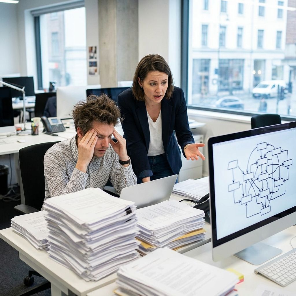 To medarbejdere arbejder med dokumentgennemgang ved et skrivebord fyldt med papirer og en laptop.