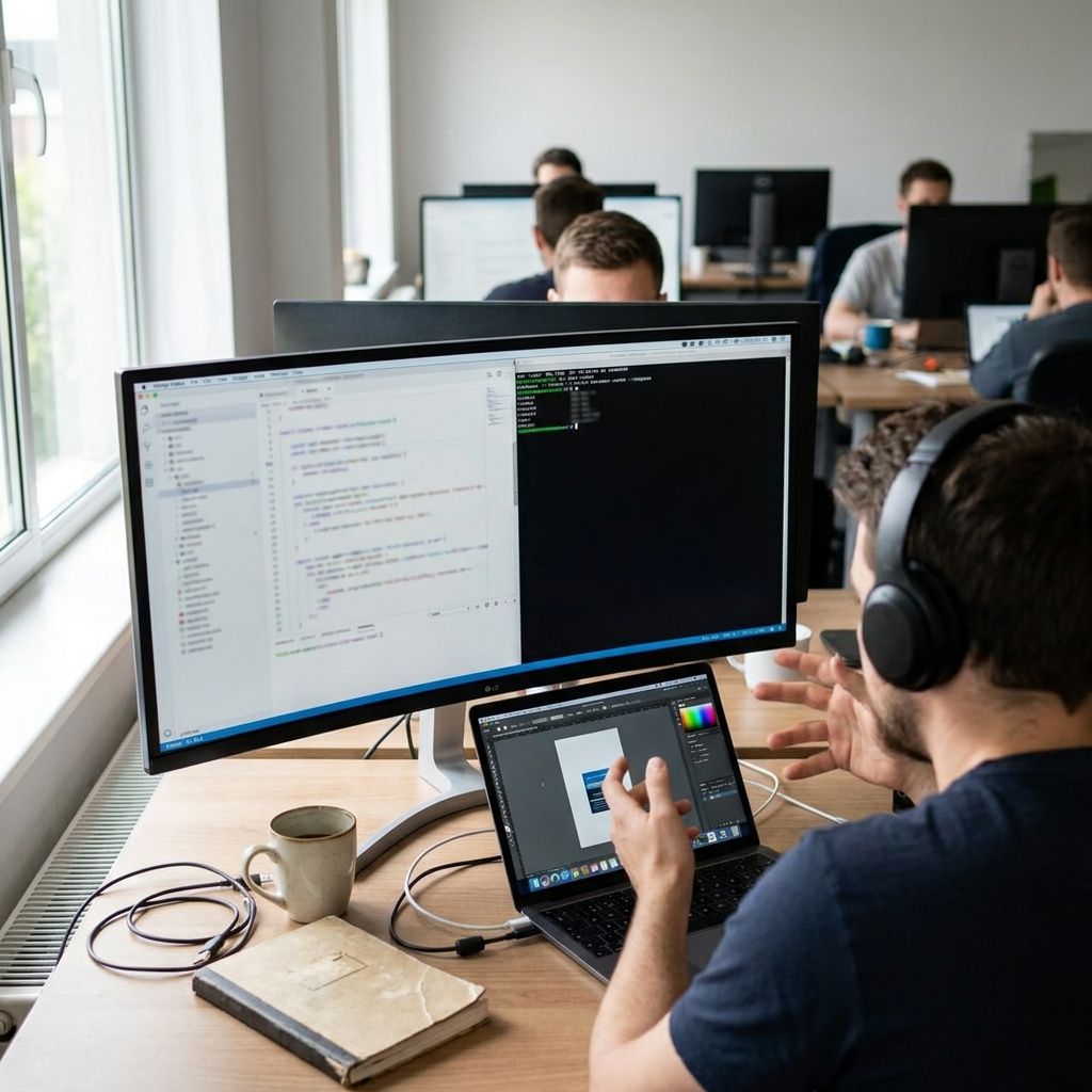 Arbejdsstation med flere åbne programmer i et udviklingsmiljø