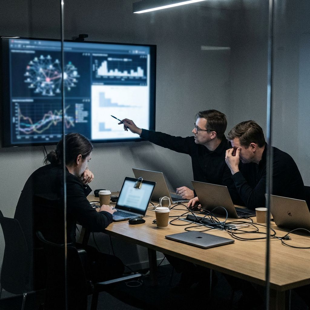 Et cybersikkerhedsteam arbejder i et lukket mødelokale med analyse af sårbarheder.