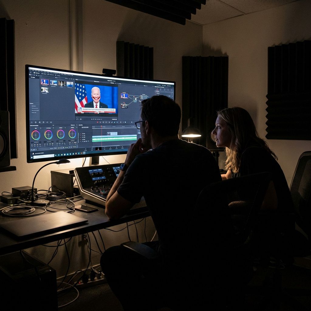To medarbejdere gennemgår videoredigering og farvearbejde i et professionelt redigeringsrum.