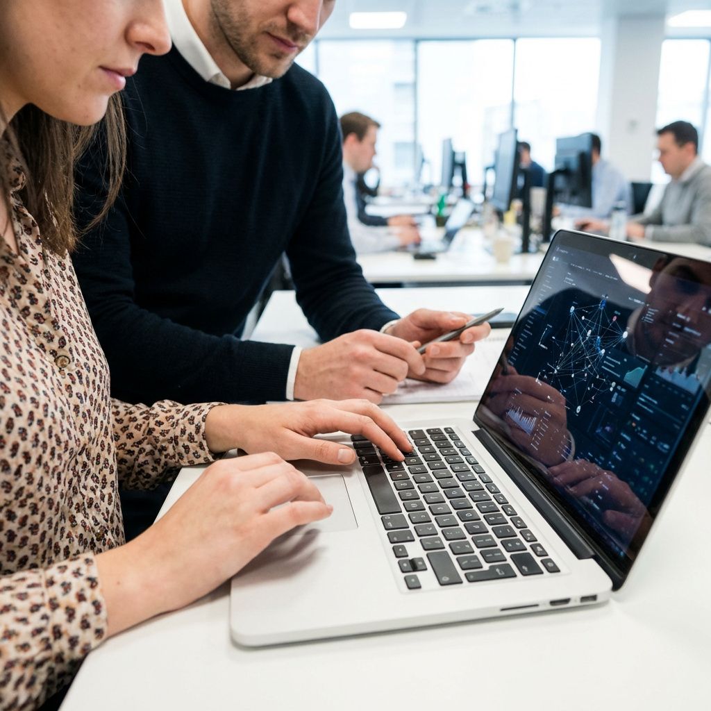 En produktchef og en udvikler tester en AI-agent på en bærbar computer i et kontormiljø.