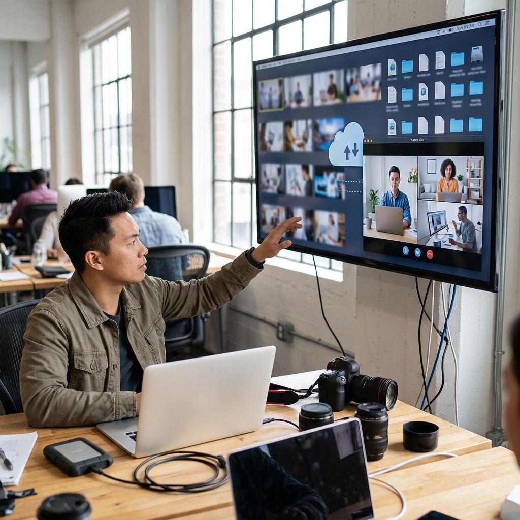 Kreativt team arbejder med delte mediefiler og cloud-baseret samarbejde omkring video og design.