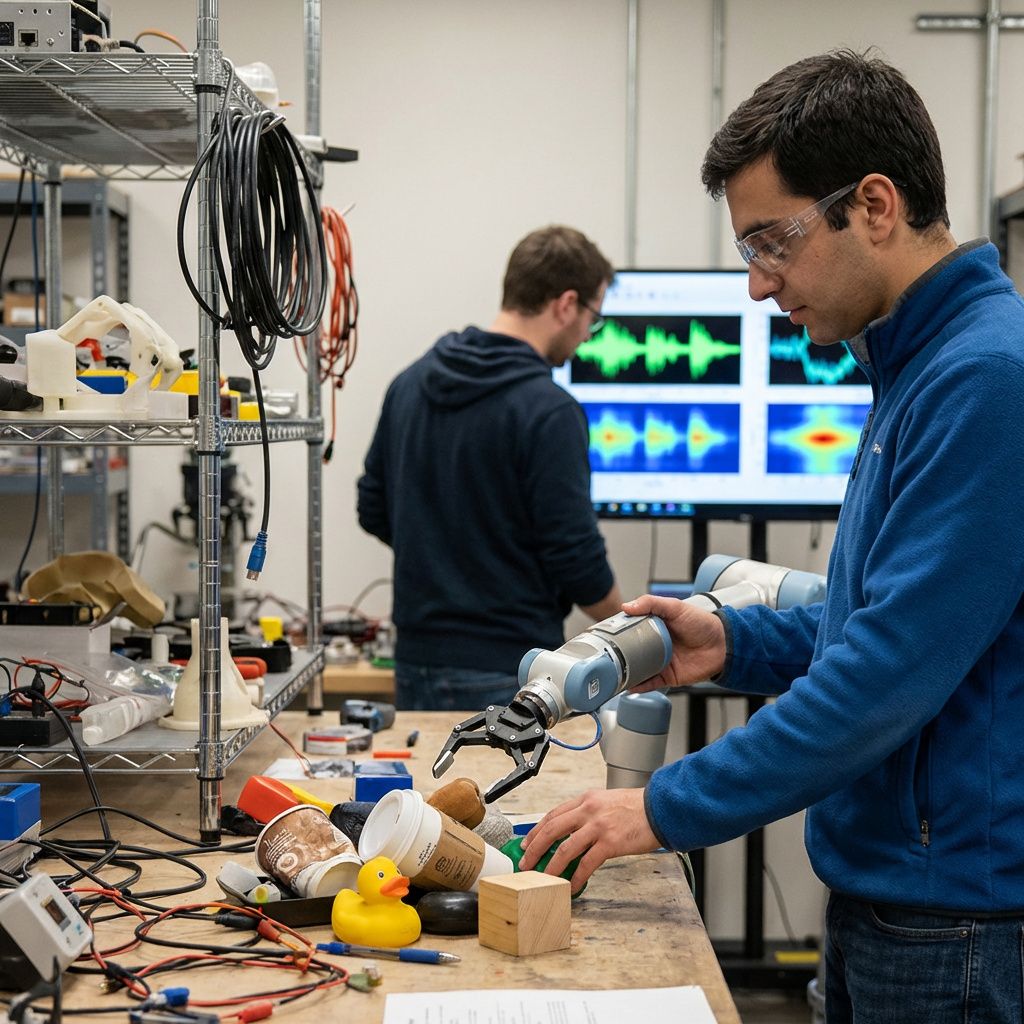 Forskere tester en robotarm i et laboratorium med forskellige fysiske objekter på et arbejdsbord.
