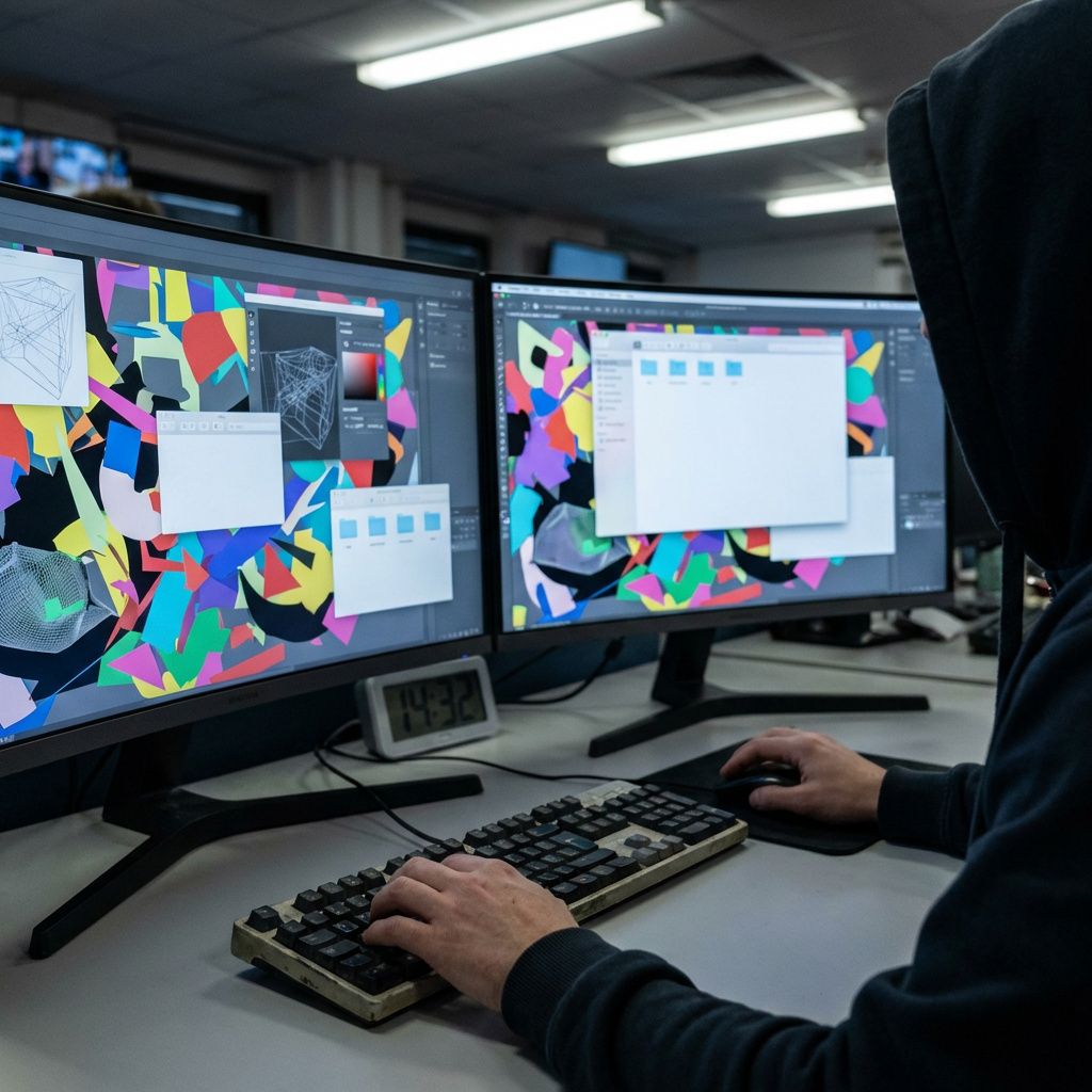 Computeropsætning med udviklingsværktøjer og billedarbejde på skærme