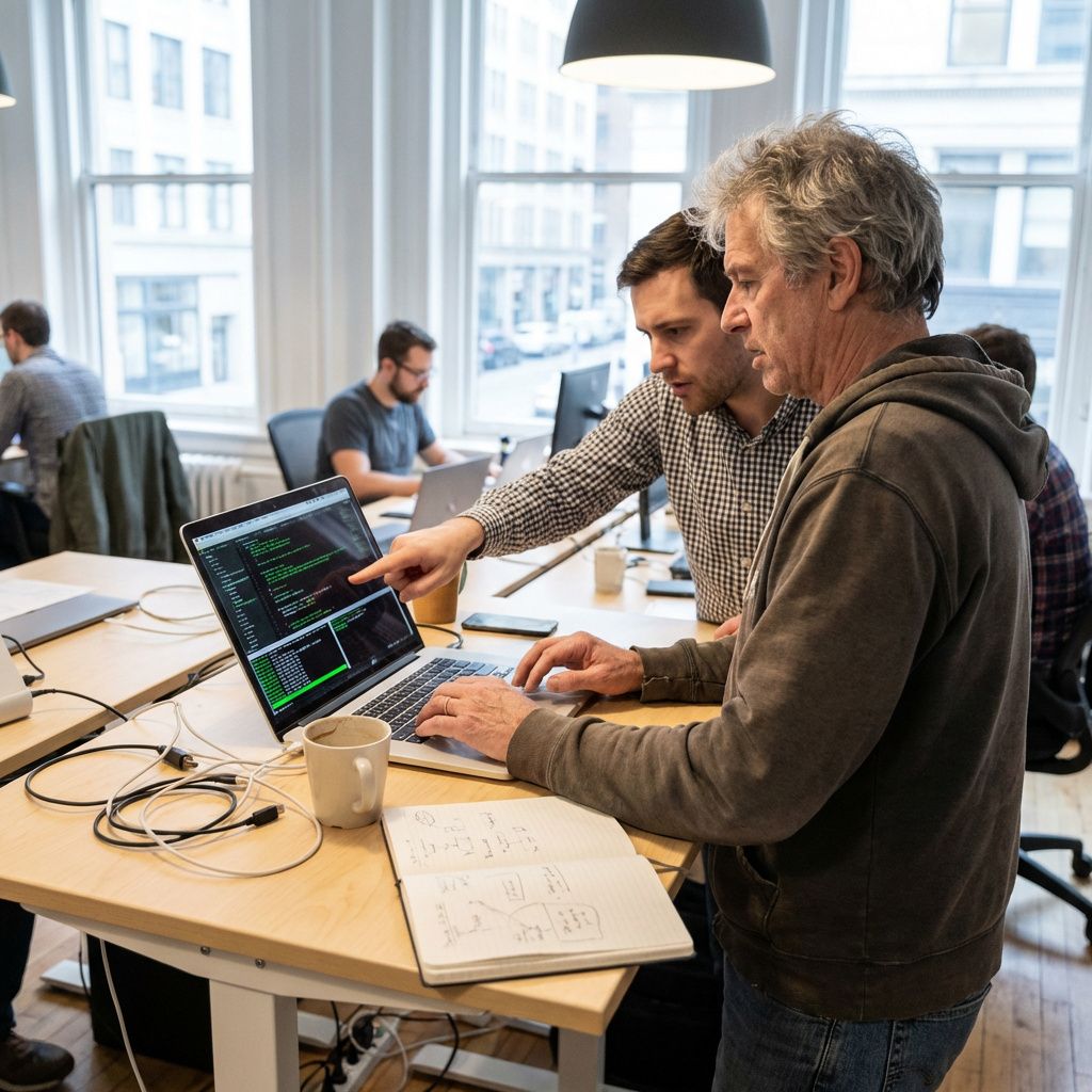 To udviklere arbejder ved en laptop med terminal og værktøjer i et kontormiljø.