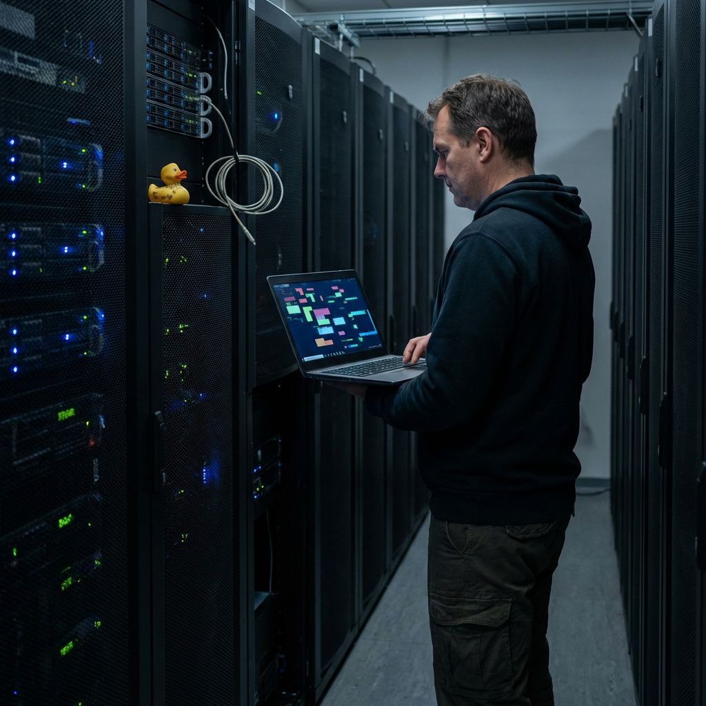 En it-driftsmedarbejder overvåger systemer i et teknisk driftsmiljø med servere og laptop.