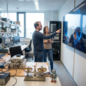Forskere i et AI-lab ser på en skærm med visualiseringer af balancen mellem træning og inferens.