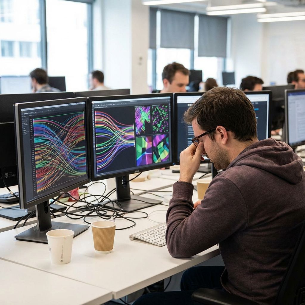En data scientist arbejder med modelmålinger og inferens-output på flere skærme.