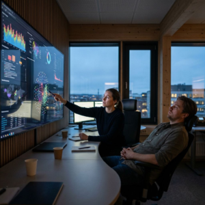 To sikkerhedsanalytikere i et kontrolrum gennemgår AI red teaming på store skærme.
