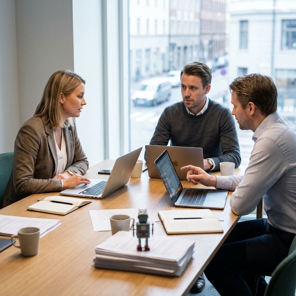 Et tværfagligt team drøfter AI-sikkerhed, compliance og implementering.
