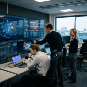 Et enterprise-sikkerhedsteam overvåger AI-agentaktivitet i et kontrolrum.