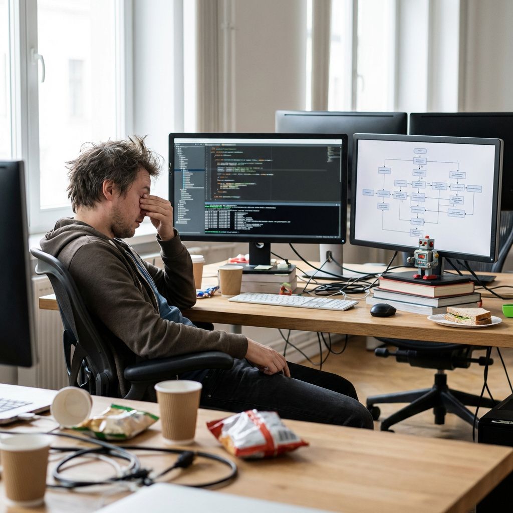 Udvikler arbejder med kode og flertrins-workflow på to skærme i et kontormiljø.