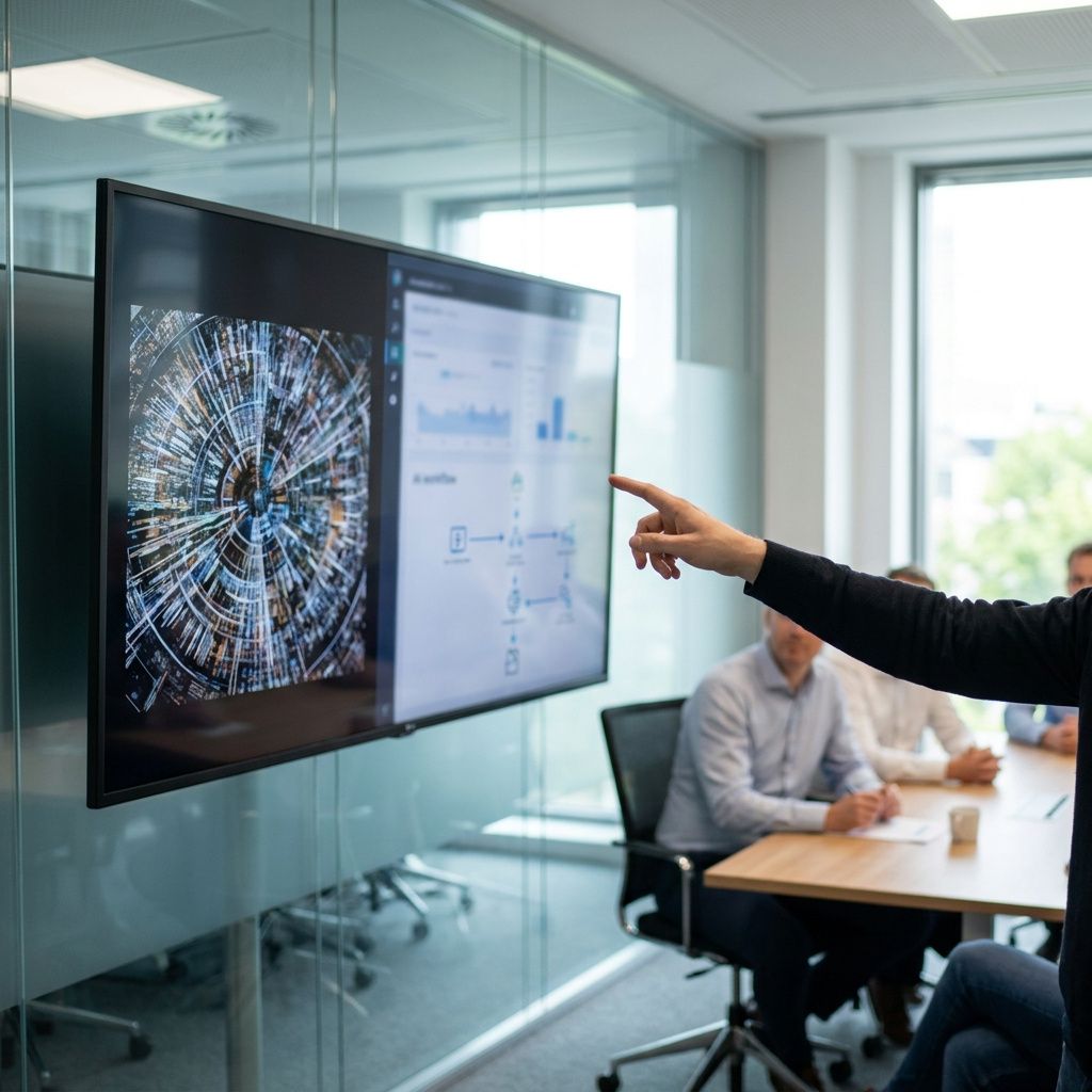 Skærm med højopløseligt billede og visuelt analyseworkflow under en produktgennemgang.