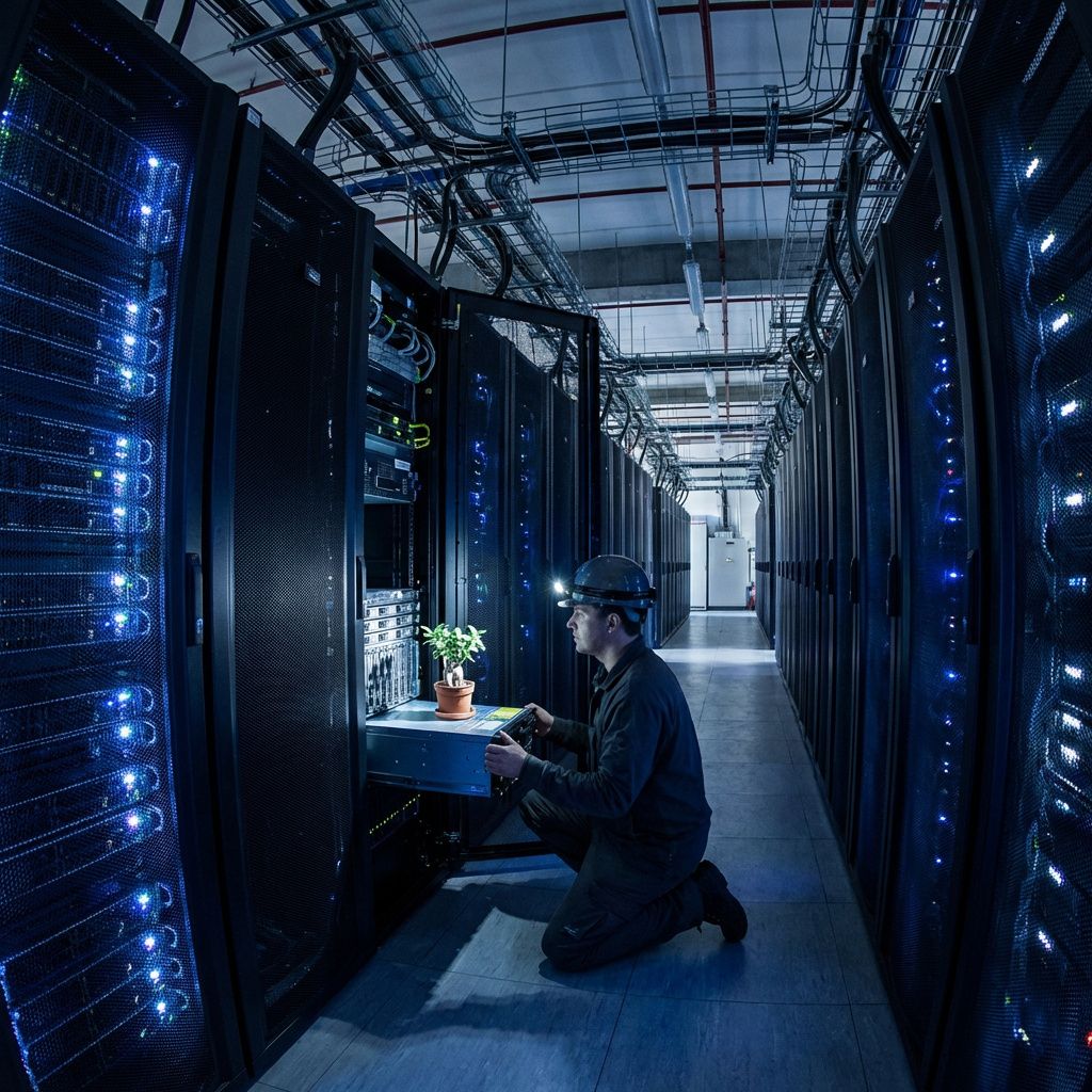 Et stort datacenter med serverracks og en tekniker, som illustrerer compute, skalering og driftsomkostninger.