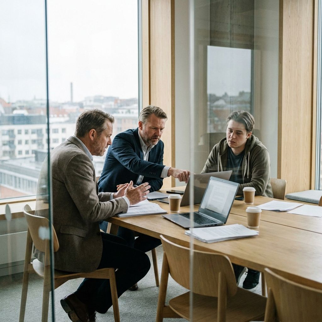 En virksomhedsgruppe diskuterer AI-governance, leverandørvalg og risiko i et mødelokale.
