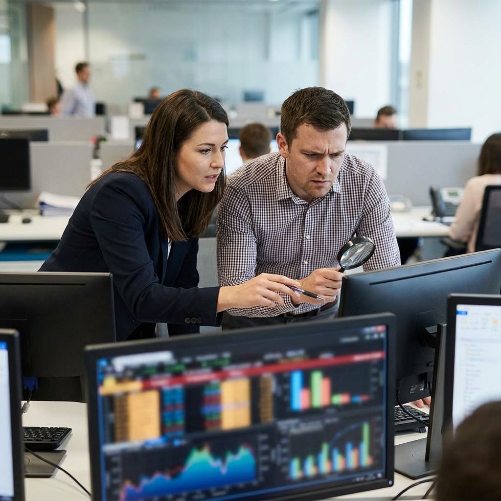 En ingeniør og en compliance-medarbejder arbejder med overvågning og sikkerhed omkring AI-systemer.