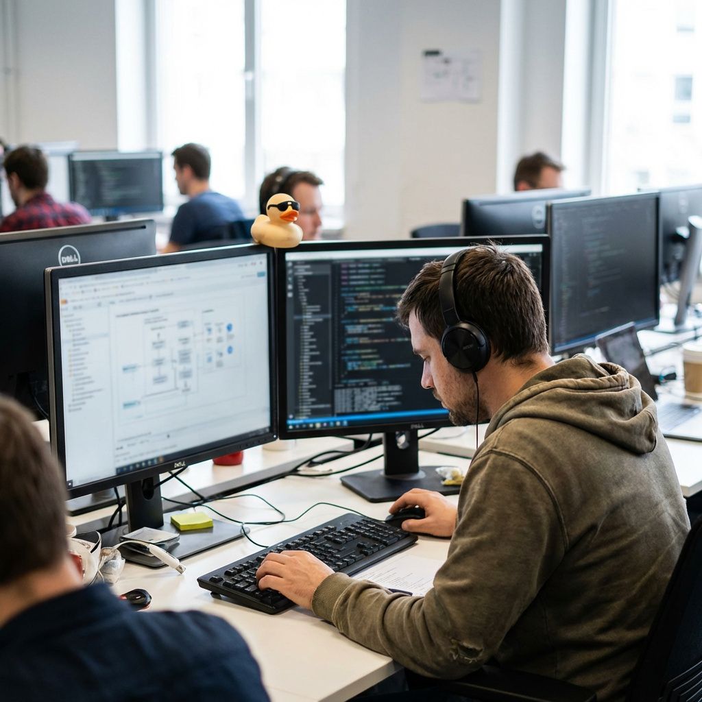 Softwareingeniør arbejder med kode og systemdiagrammer til en agent-baseret løsning.