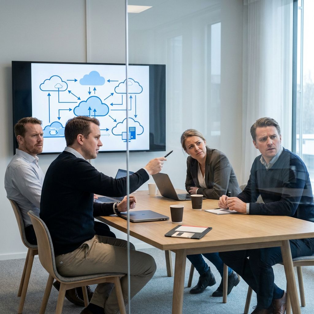 Medarbejdere fra it, drift og sikkerhed drøfter cloud-arkitektur og governance.