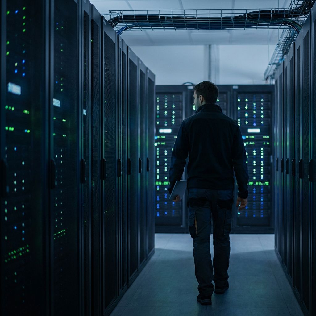 Serverrack og teknisk infrastruktur, der illustrerer deployment, skalering og edge-drift.