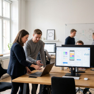 Designer og produktleder arbejder med visuelle prototyper på skærme i et moderne kontormiljø.
