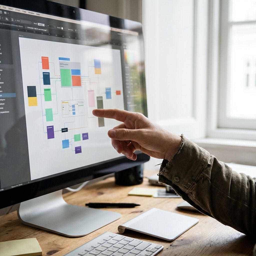 Nærbillede af skærm med visuelt designarbejde og prototype-elementer under redigering.