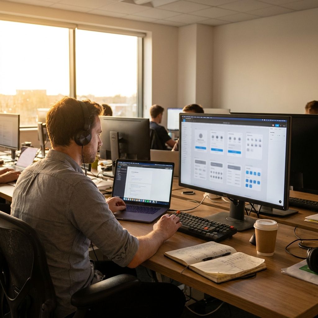 UX-designer arbejder med komponenter og visuelle standarder på sit skrivebord.