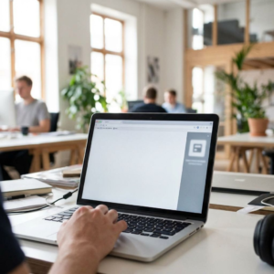 Bærbar computer med Chrome åbent og en AI-lignende sidebar på et kontor.