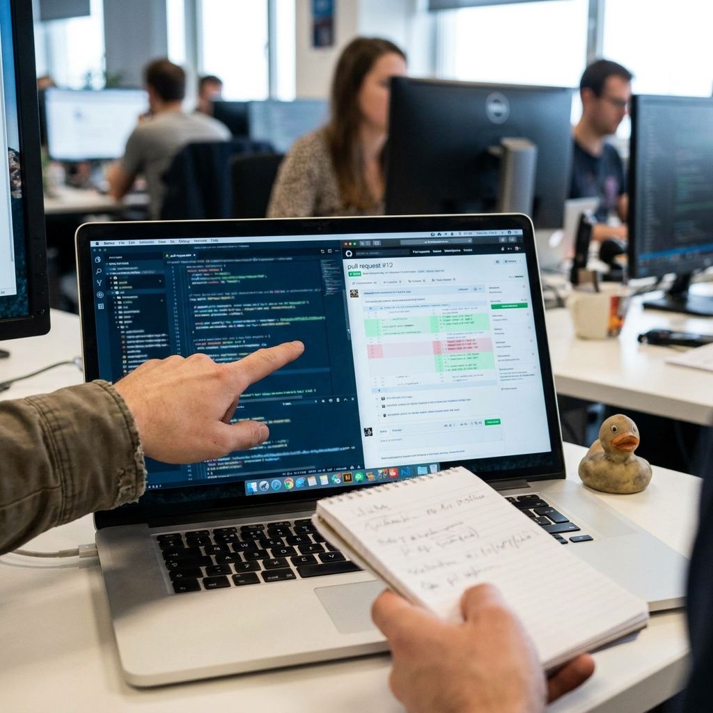 Nærbillede af en bærbar computer hvor et team gennemgår et pull request-relateret sikkerhedsproblem
