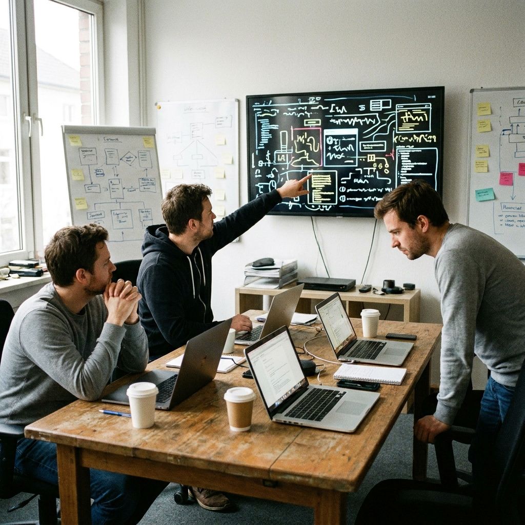 Et softwareteam arbejder sammen om udvikling og modernisering i et mødelokale.