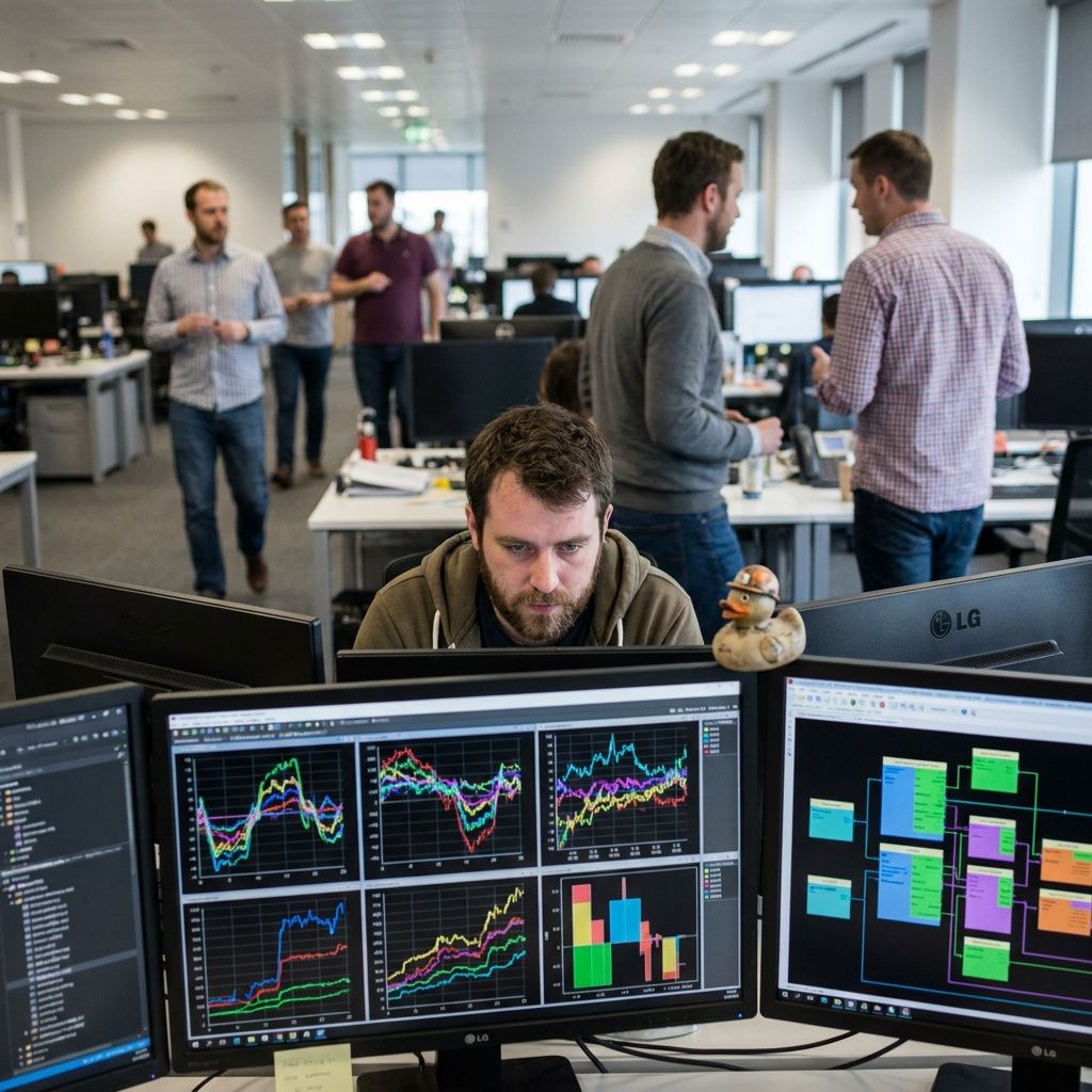 En DevOps-ingeniør overvåger systemer på flere skærme i et åbent kontormiljø.