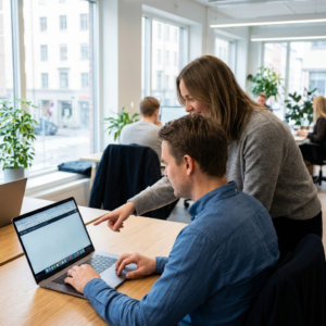 Medarbejder i kontor ser på Chrome i et arbejdsmiljø, hvor AI-assisteret browserarbejde er i fokus.