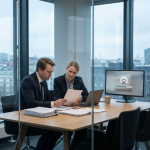 To advokater gennemgår dokumenter og en laptop på et kontor i forbindelse med en afsluttende sagsopsummering.